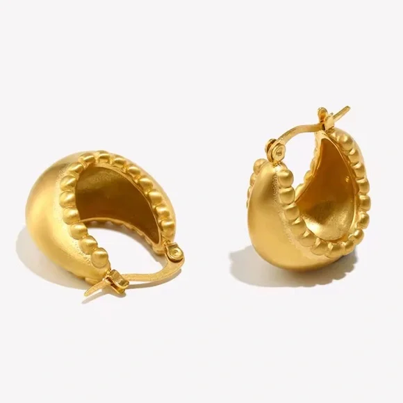 Basket Matte Golden Hoop Earrings 18 K Gold Stainless Steel - Picture 1 of 11